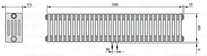 Схема (чертеж) Радиатор Zehnder Charleston 5040/30 №5410 Белый глянцевый RAL 9016